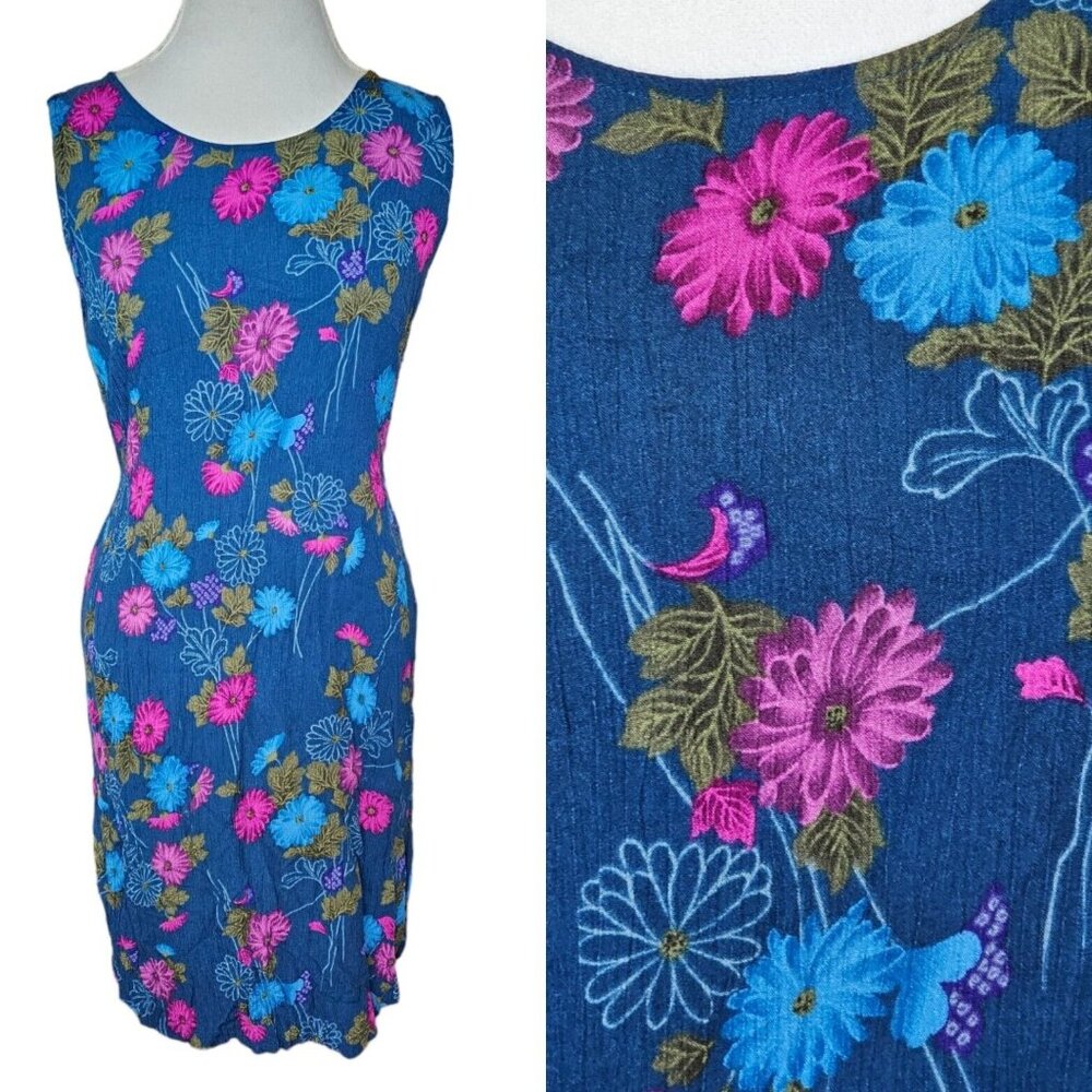 Vintage Sz M/L Blue Floral Summer Dress Sleeveless Tieback Crinkle Rayon Retro